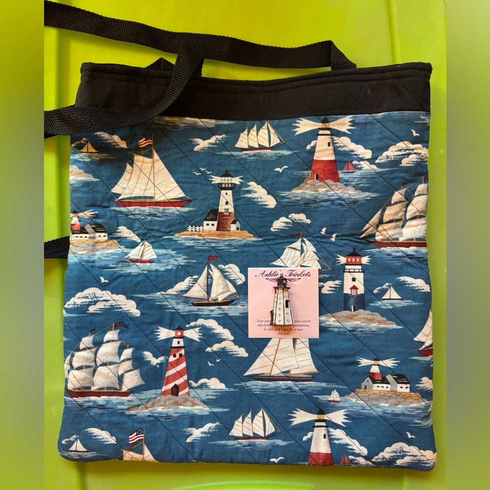Lighthouse bundle - Handmade Blue Quilted Tote Bag & White Pin